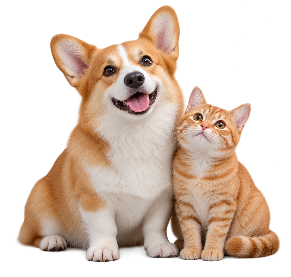 一只柯基犬和一只橘猫并排坐着，好奇地望向镜头